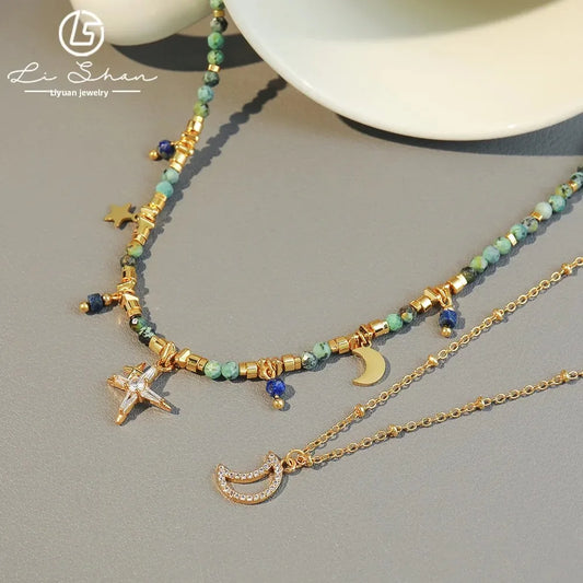 Bohemian Versatile African Turquoise Handmade Beaded Necklace Moon Pendant High-End Layering Clavicle Chain Jewelry Accessory