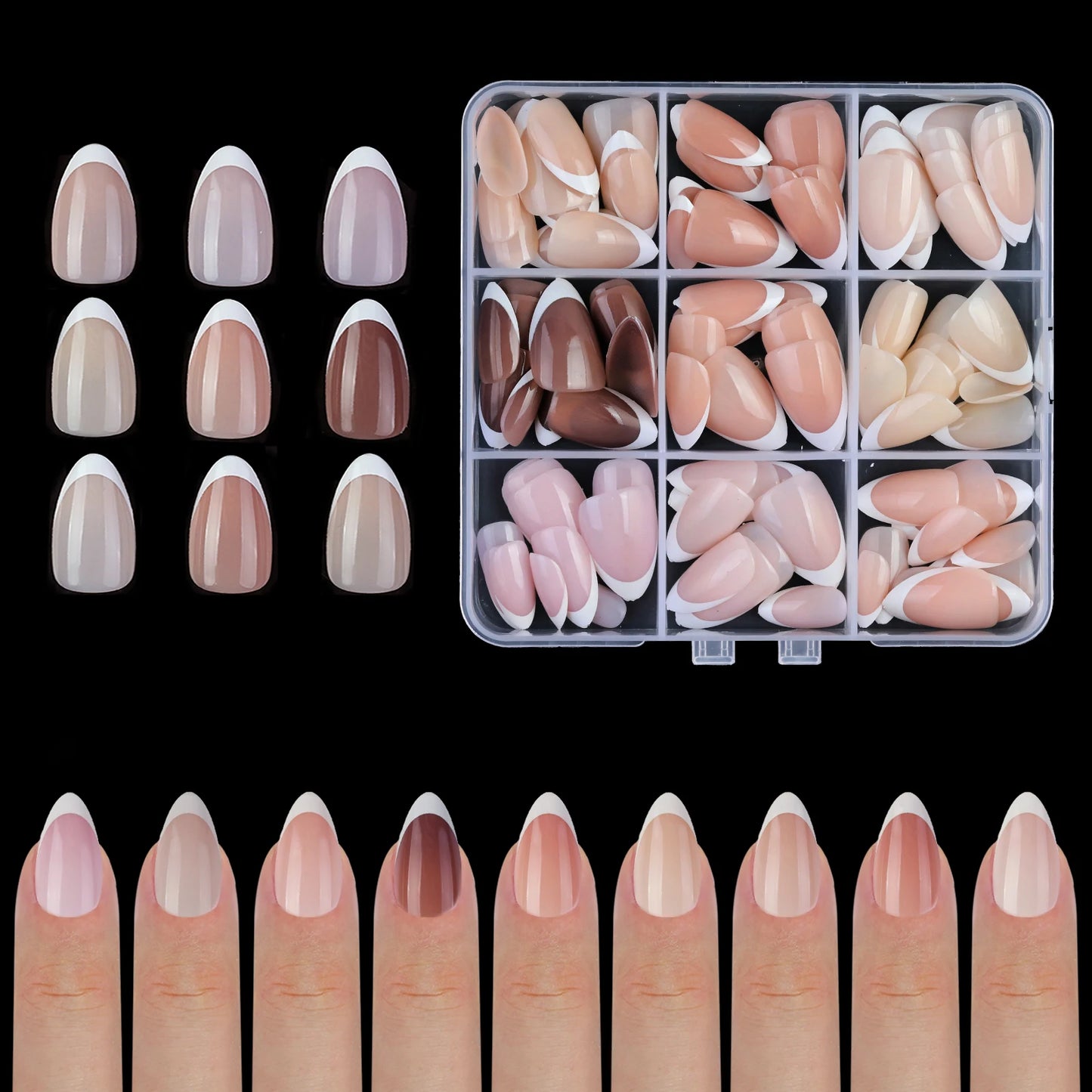 9 Palace lattice Almond Blend French Fake nails Simple Oval nude powder full cover press nails white edge Artificial removable