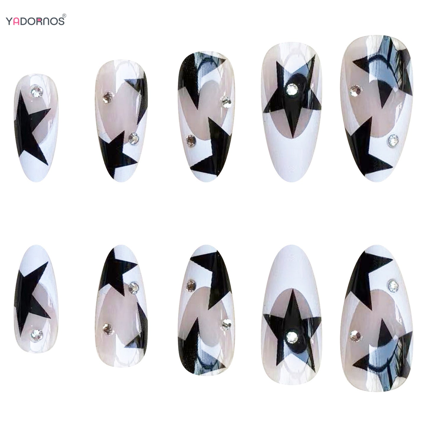 French White Tips Almond False Nails Y2K Black Star Designs Charm Fake Nail Full Cover Ballet Press on Nails Artificial Manicure