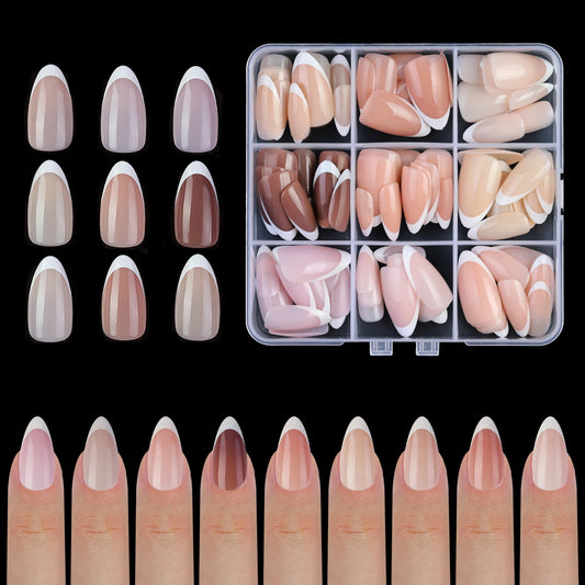 9 Palace lattice Almond Blend French Fake nails Simple Oval nude powder full cover press nails white edge Artificial removable