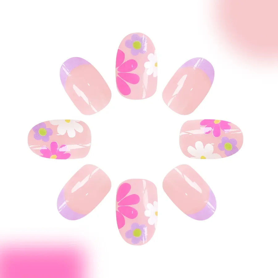 24pcs Pink Almond Short Press-On Nails Acrylic French Nail Sticker Flower Design Glossy Full Cover Artificial Nails Tips
