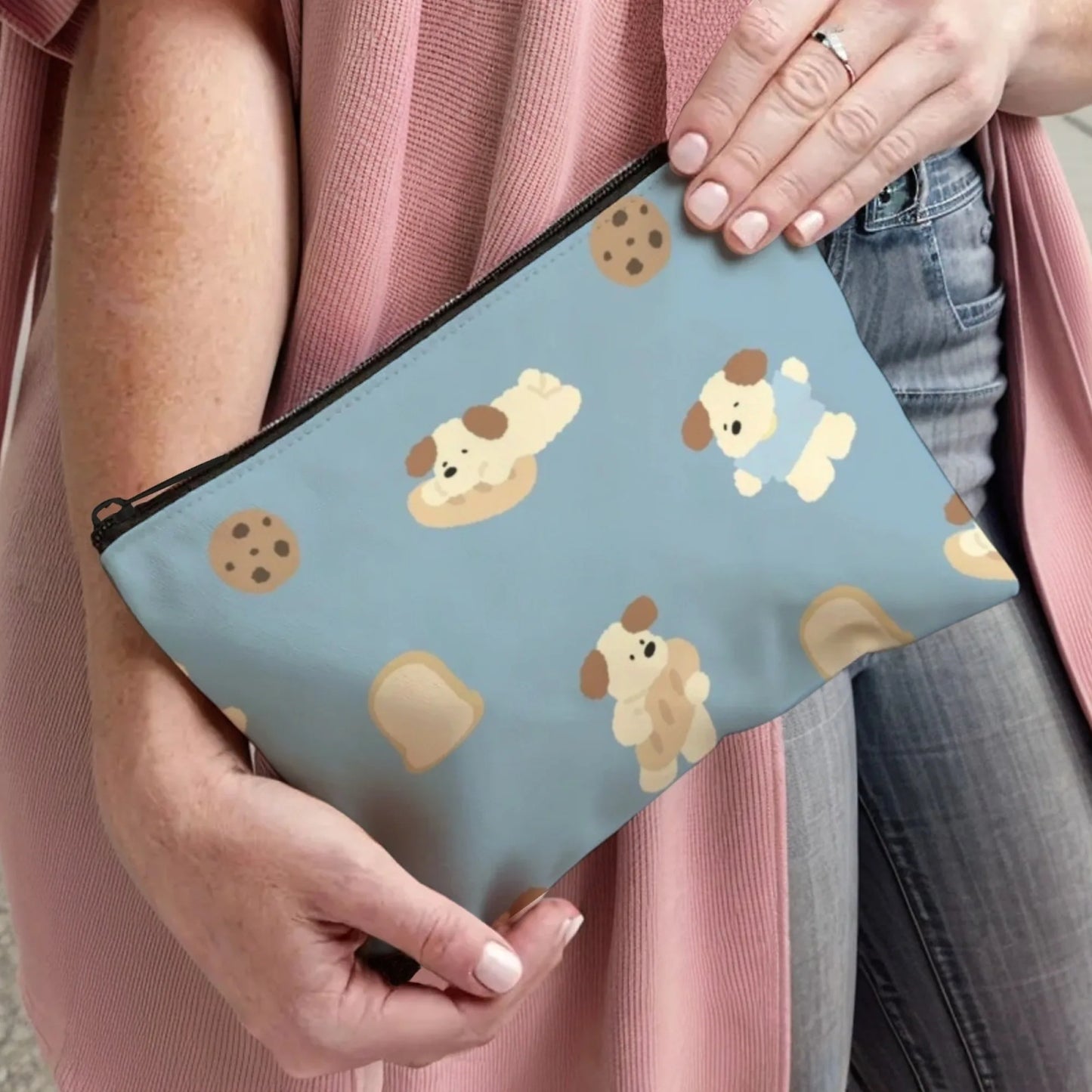 Girly Bear & Cherry Makeup Pouch with Blue Gingham Pattern Print  Cute Organizer for Lip Gloss & Small Beauty Items Ideal Gift