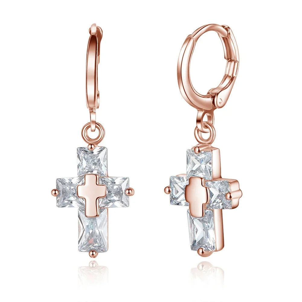 Trendy Korean Cross Earrings – Luxury CZ Dangle Jewelry for Women