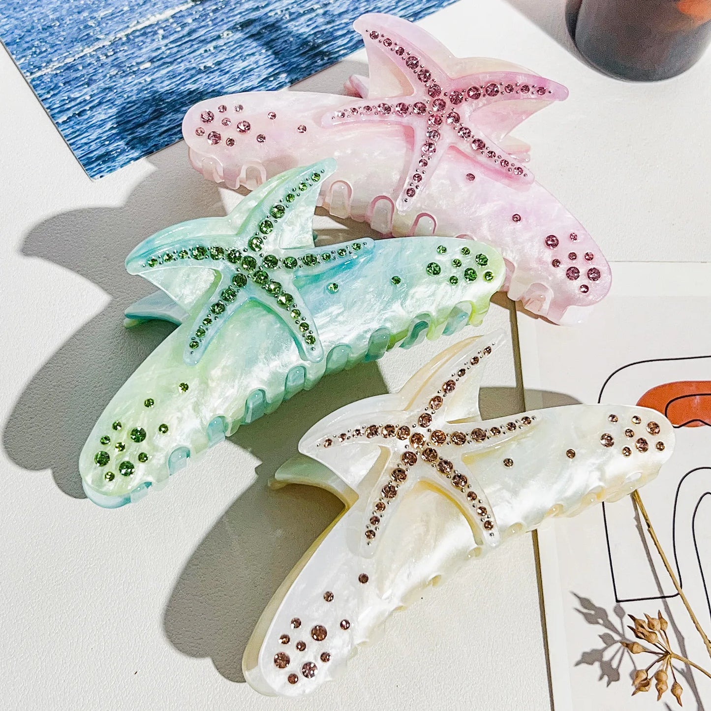 Hawaiian Style Hair Clips Summer Ocean Dopamine Crab Claw Shiny Siamond Starfish Ponytail Clips Sweet Korean Hair Accessories