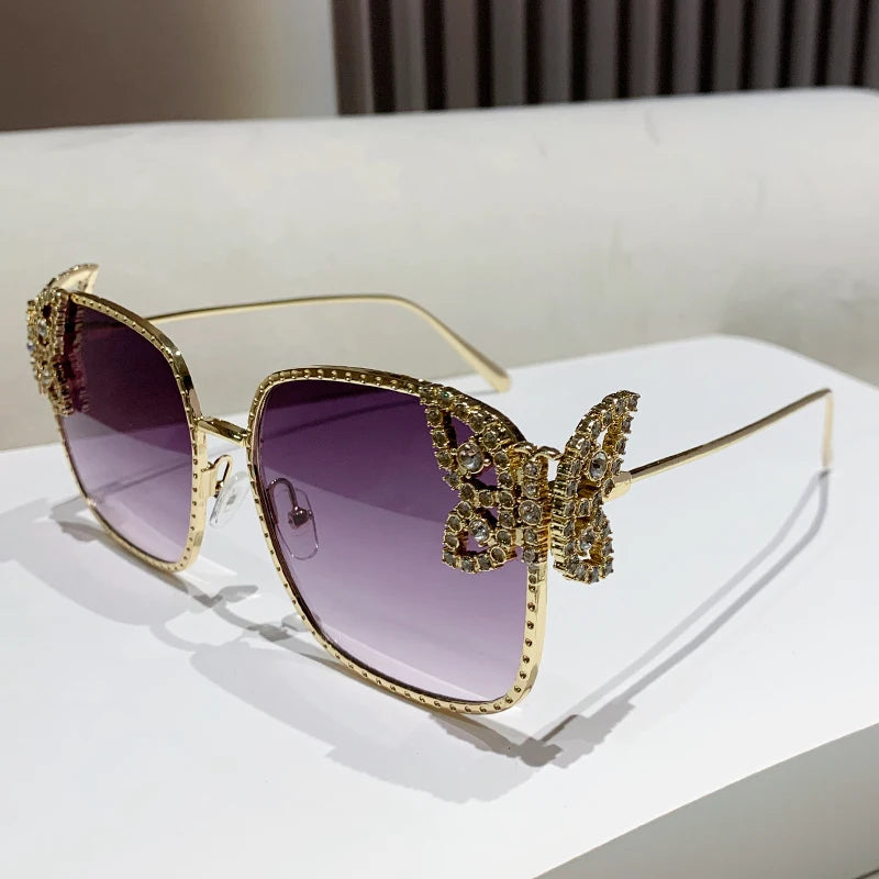 New butterfly diamond-encrusted square frame women fashion sunglasses street makeup camera glasses