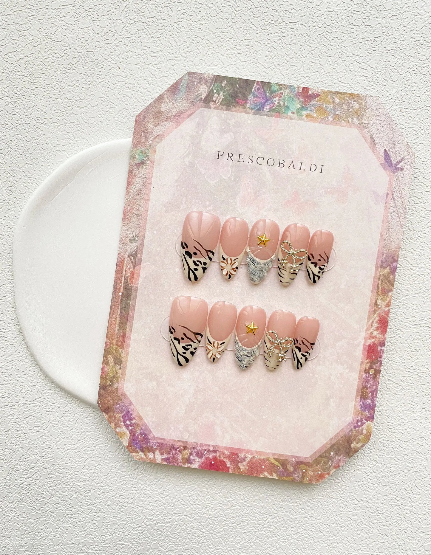 Almond Handmade False Nails Press on Reusable Adhesive Fake Nails Leopard French Manicure Wearable Artificial Finger Tips Woman