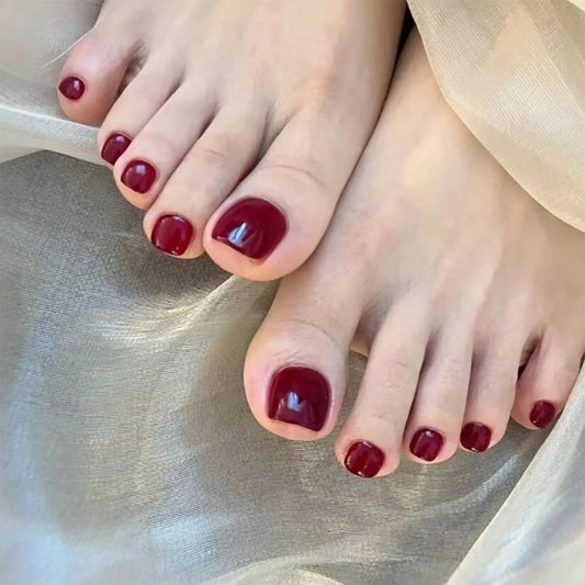 14pcs Handmade Vintage Wine Red False Toe Nails Press On Acyrlic Nails Square Fake Toenail Simple Short Artificial Nail Wearable
