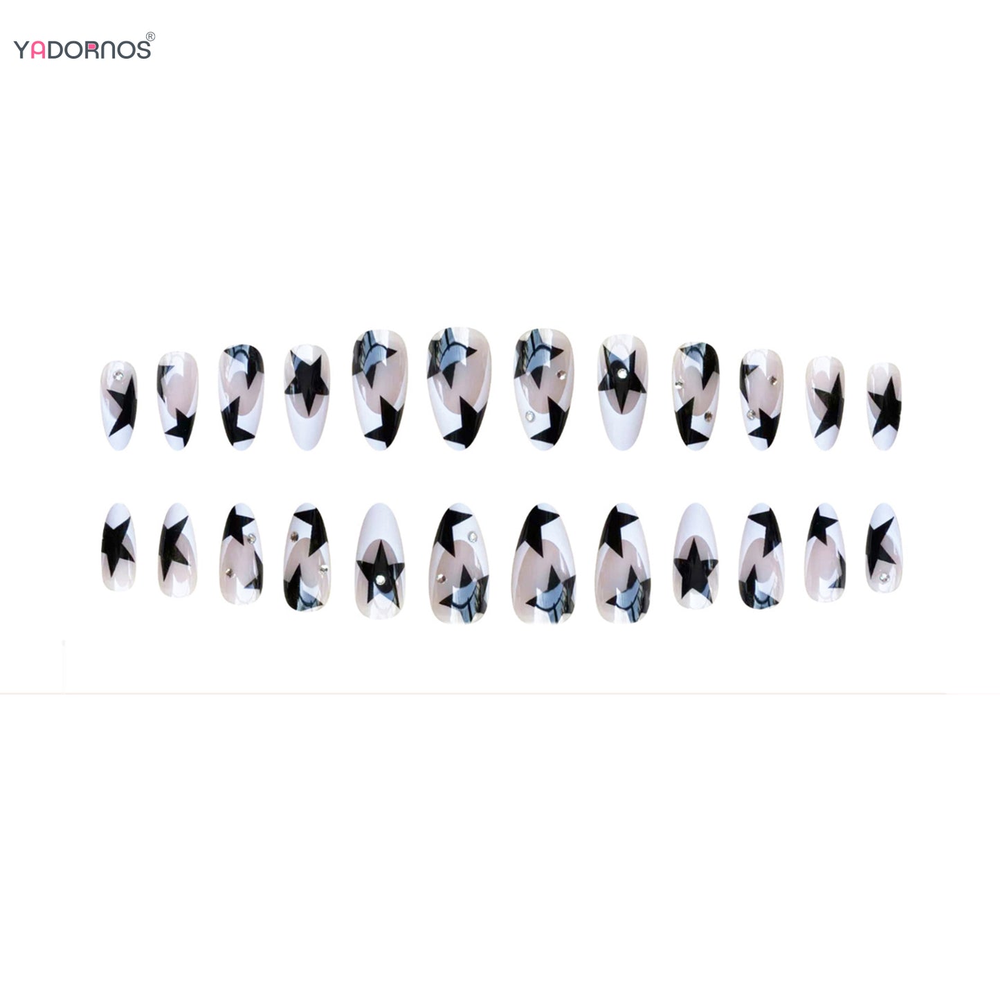 French White Tips Almond False Nails Y2K Black Star Designs Charm Fake Nail Full Cover Ballet Press on Nails Artificial Manicure