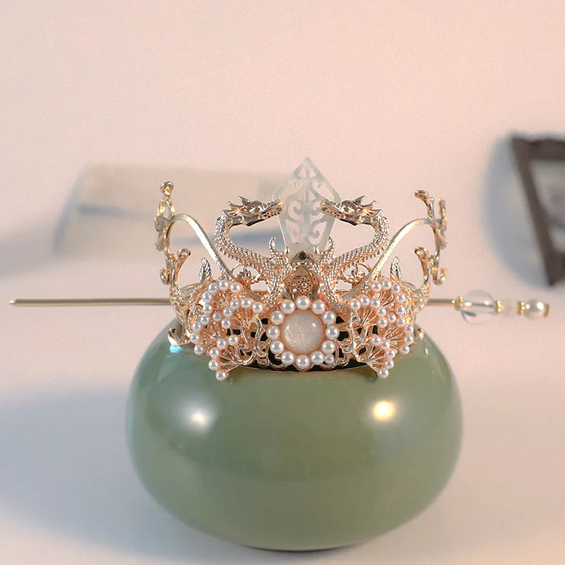 Chinese Hairpins Clips Retro Ponytail Bun Hair Holder Gold Silver Color Metal Pearls Crown Tiara for Women Men Long Hair Jewelry