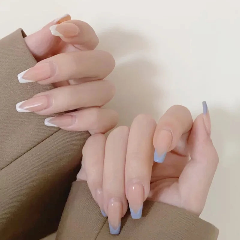 24PCS/Box 2022New Artificial Nails With Glue Milky White Pink Gradients Long Ballet Full Cover Acrylic Nail Stick Fake Nail Tips