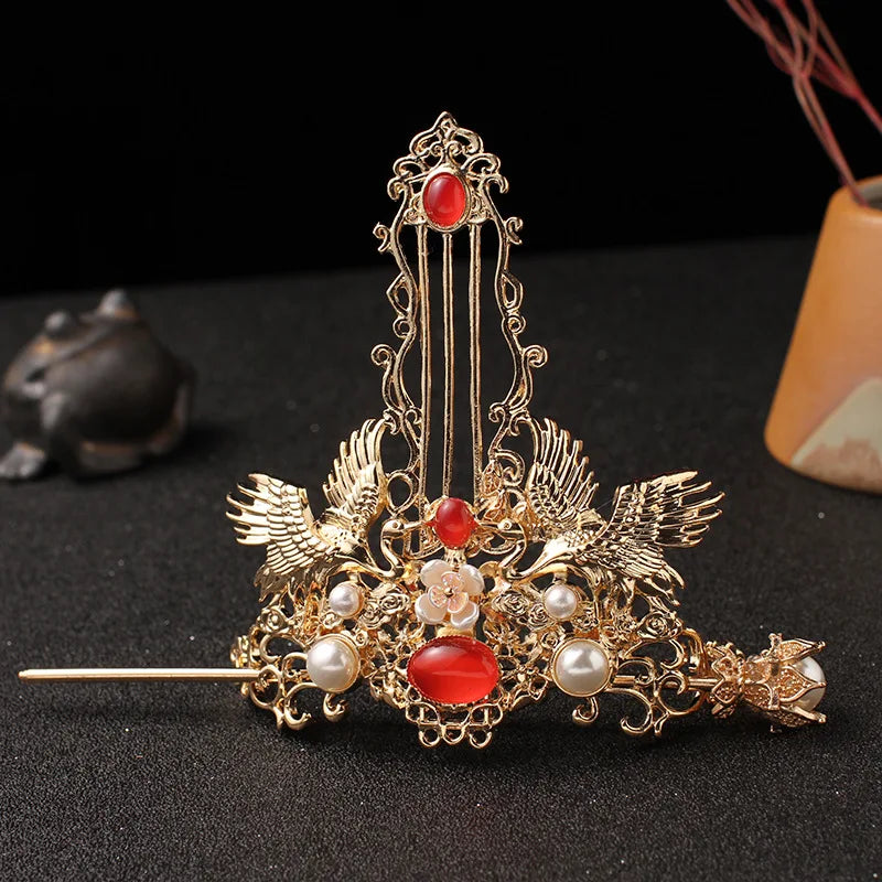 Chinese Hairpins Clips Retro Ponytail Bun Hair Holder Gold Silver Color Metal Pearls Crown Tiara for Women Men Long Hair Jewelry