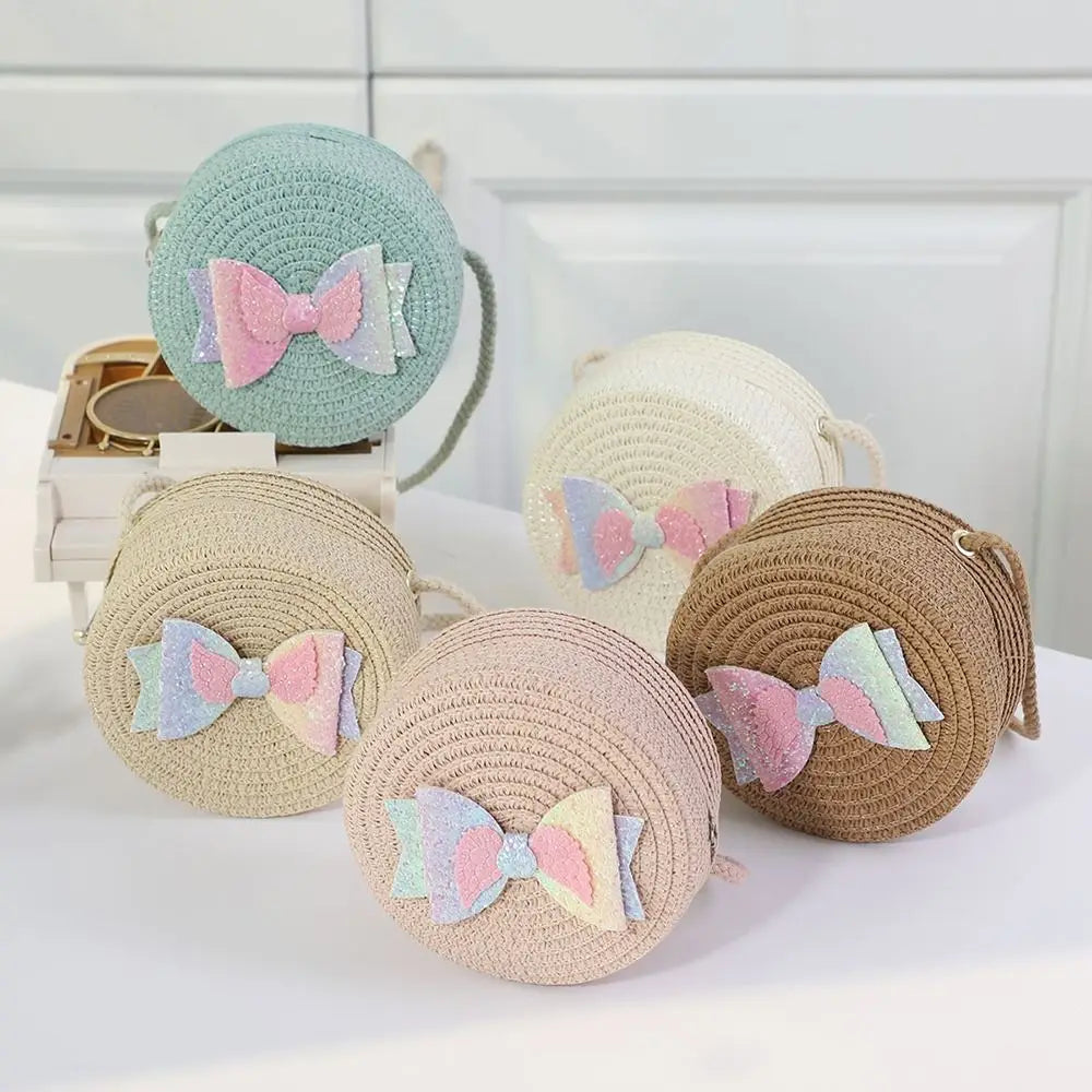 Children Straw Beach Bag Cute Heart Pattern Shoulder Bag Straw Crossbody Bag Handbag Baby Coin Purse Casual Messenger Bag