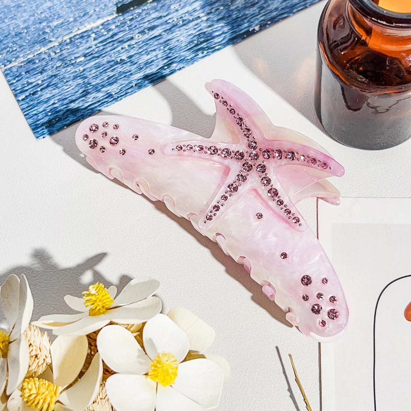 Hawaiian Style Hair Clips Summer Ocean Dopamine Crab Claw Shiny Siamond Starfish Ponytail Clips Sweet Korean Hair Accessories