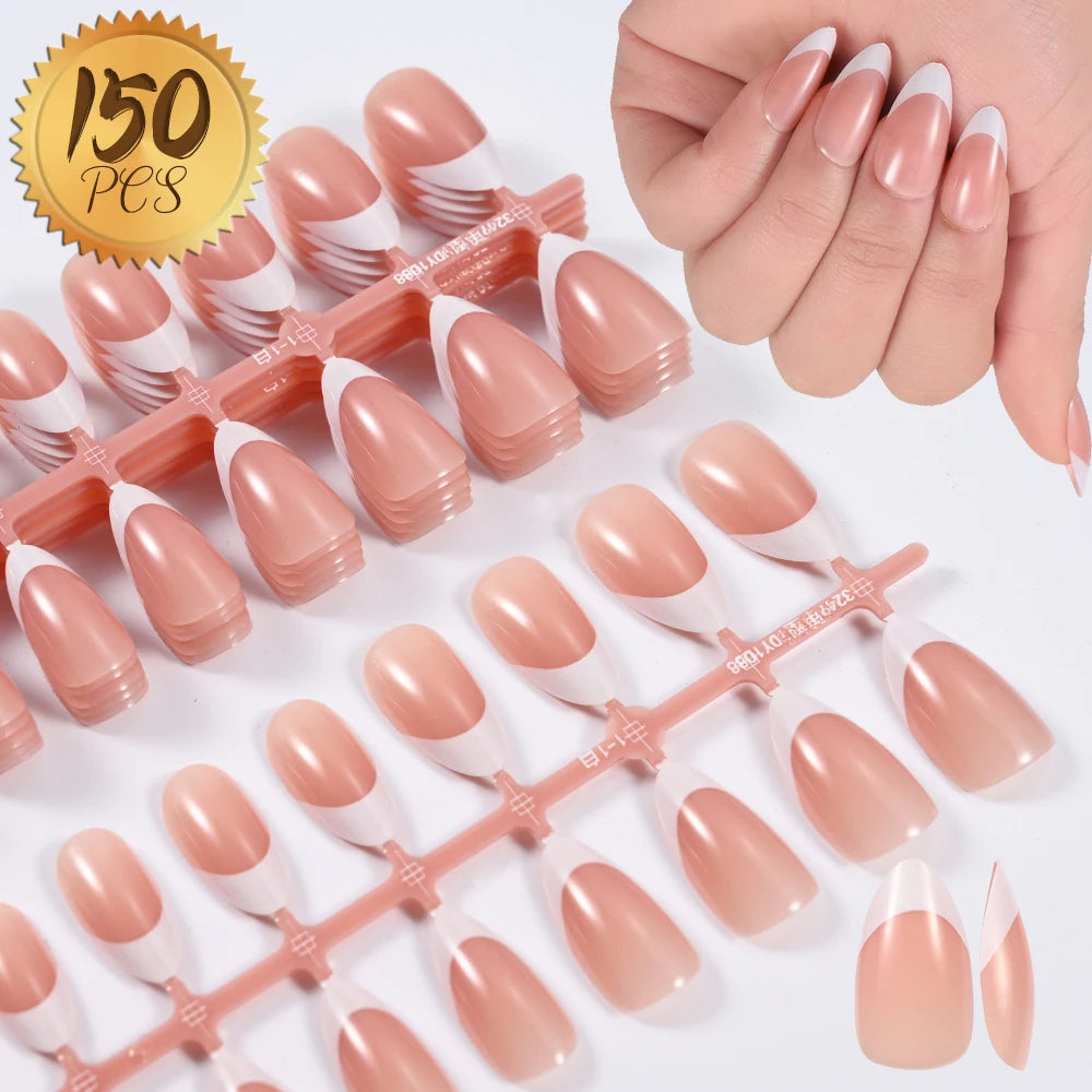 150Pcs Pre-made French False Nails Scarless Coffin Almond Fake Nail Artificial Fingernails Press on Nails for Nail Extension