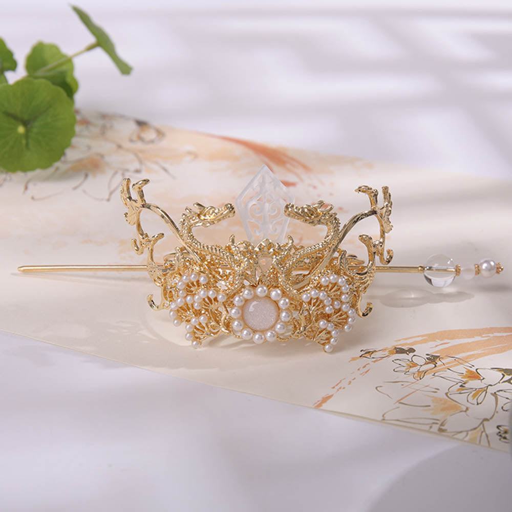 Chinese Hairpins Clips Retro Ponytail Bun Hair Holder Gold Silver Color Metal Pearls Crown Tiara for Women Men Long Hair Jewelry