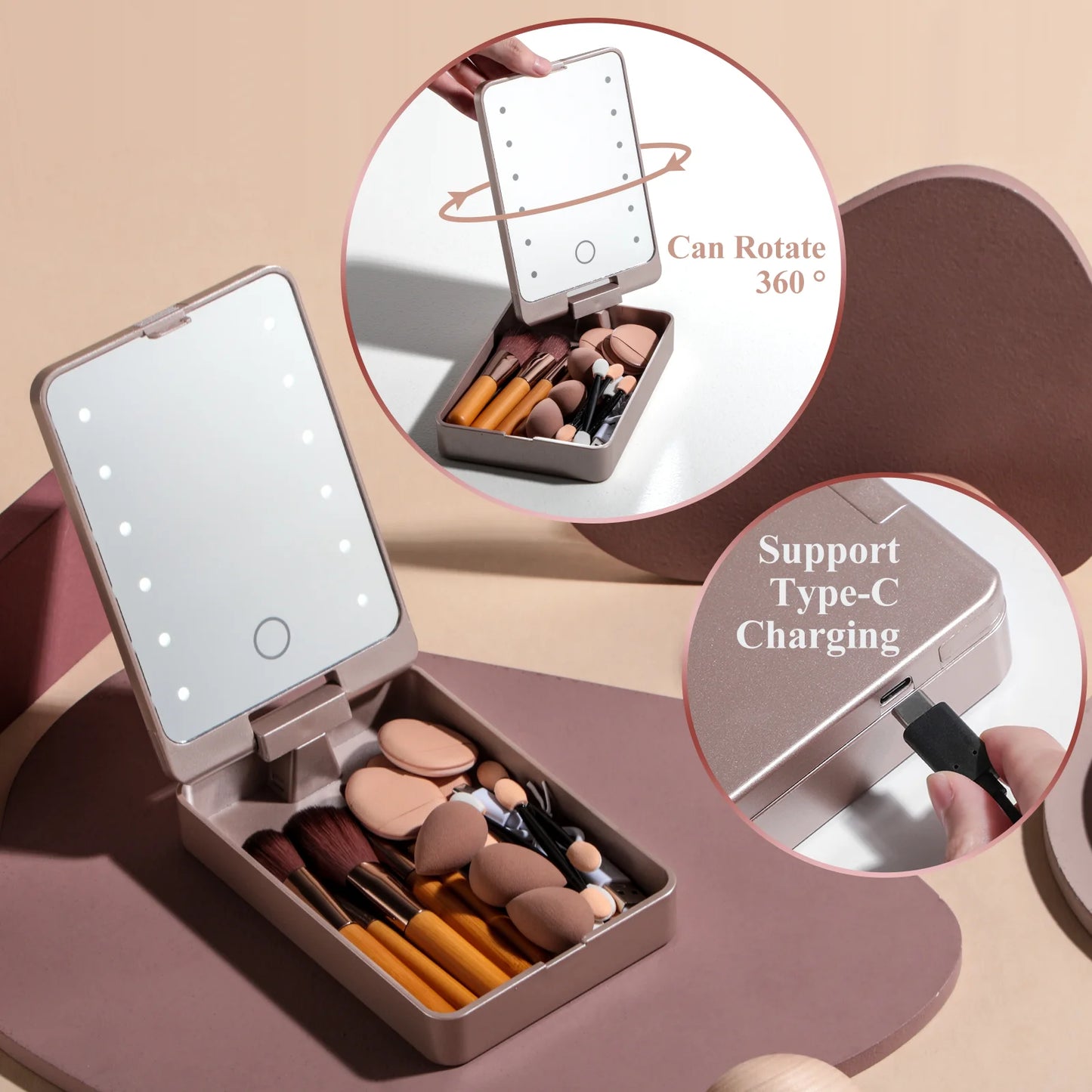 Makeup Brushes with Case For Travel Cosmetic Tools Foundation Concealer Blush Eyeshadow Brush with Led Light Mirror