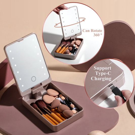 Makeup Brushes with Case For Travel Cosmetic Tools Foundation Concealer Blush Eyeshadow Brush with Led Light Mirror