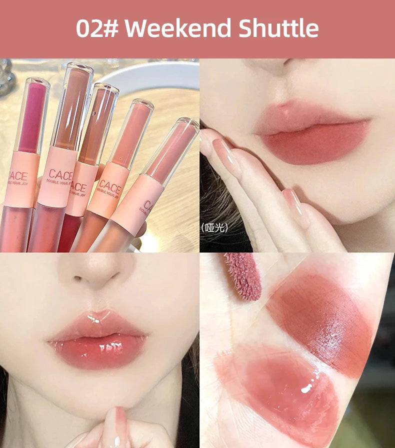 CACE Double Head Lip Gloss Sexy Red Lip Makeup Lip Mud Mirror Water Gloss Lip Glaze Matte Lipstick Waterproof Korean Cosmetics