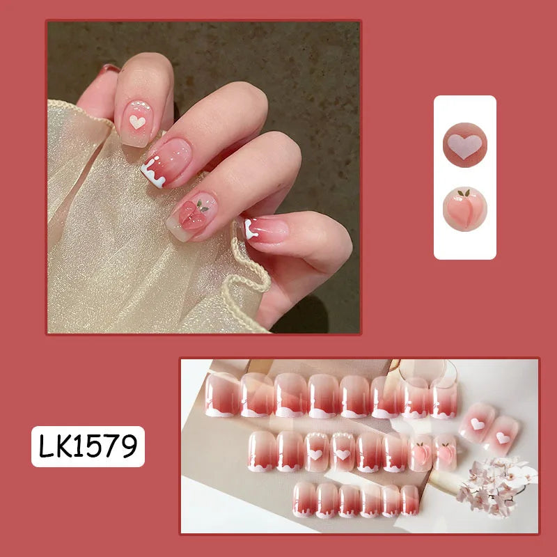 Pink Fake Nails Press on Nail Designs Art Long Tips False Forms with Glue Stick Stickers Reusable Set Acrylic Artificial