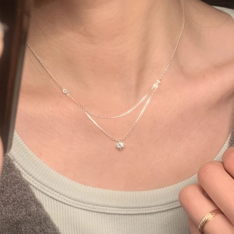 925 Sterling Silver Four Claw Zircon Pendant Necklace For Women Exquisite Double Layered Collarbone Chain Elegant Jewelry