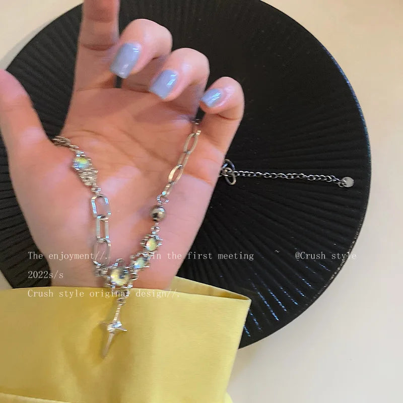 Kpop Fashion Shiny Star Necklace for Women Y2K Crystal Zircon Cross Pendant Necklaces Girls Antique Silver Color Clavicle Chain