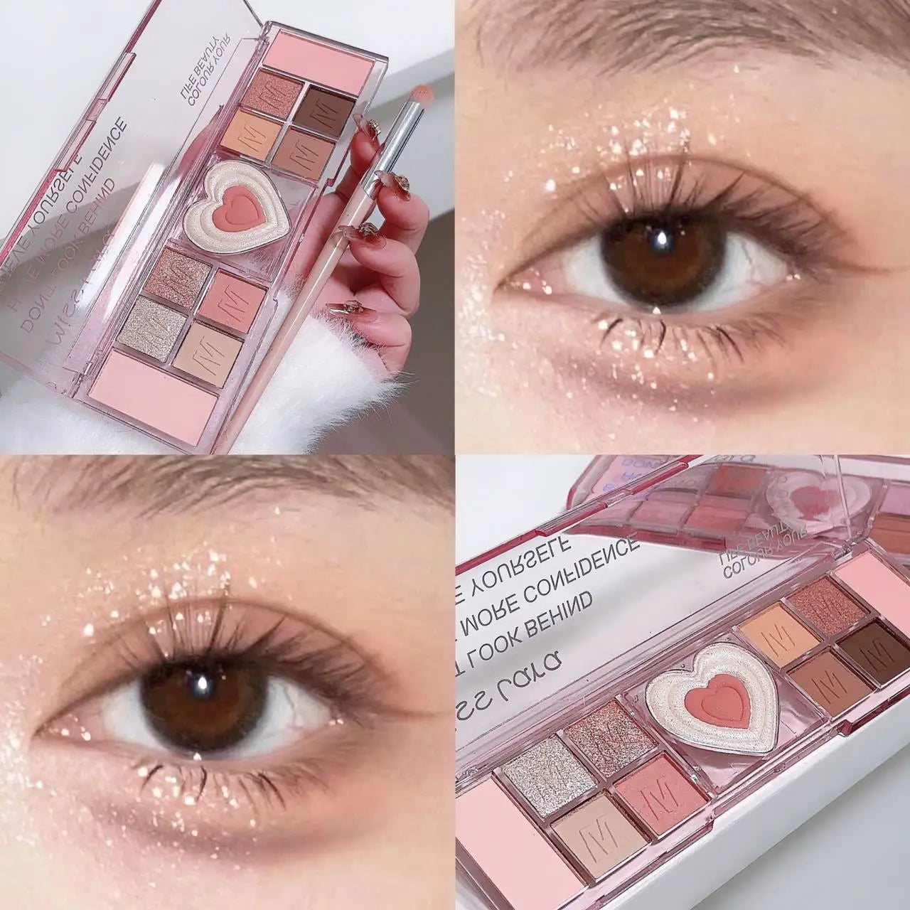 Gliter Love Heart Pink Eyeshadow Palette Natural Cool Tone Low Saturation Eye Shadow Pallet Brown Korean Makeup Cosmetic