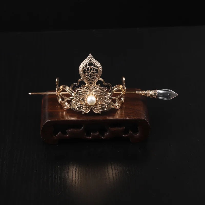 Chinese Hairpins Clips Retro Ponytail Bun Hair Holder Gold Silver Color Metal Pearls Crown Tiara for Women Men Long Hair Jewelry