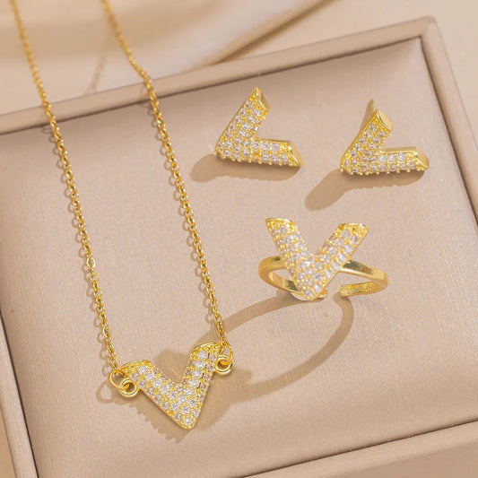 3pcs Shiny Letter V Titanium Steel Necklace Women's Collarbone Chain Women's Simple Personality Pendant Design Fashionable Ring