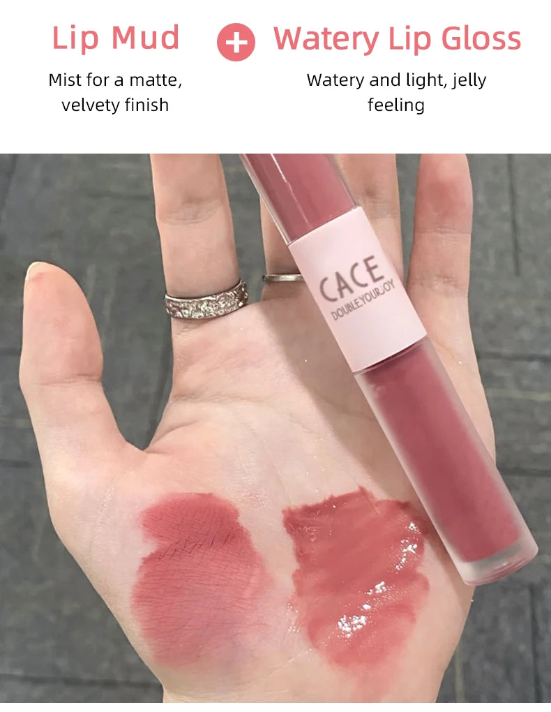 CACE Double Head Lip Gloss Sexy Red Lip Makeup Lip Mud Mirror Water Gloss Lip Glaze Matte Lipstick Waterproof Korean Cosmetics