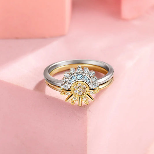 925 Silver Sun and Moon  Couple Ring Set Sky Blue Sparkling Cubic Zirconia Rings Promise Fine Jewelry Gifts for Valentines Day