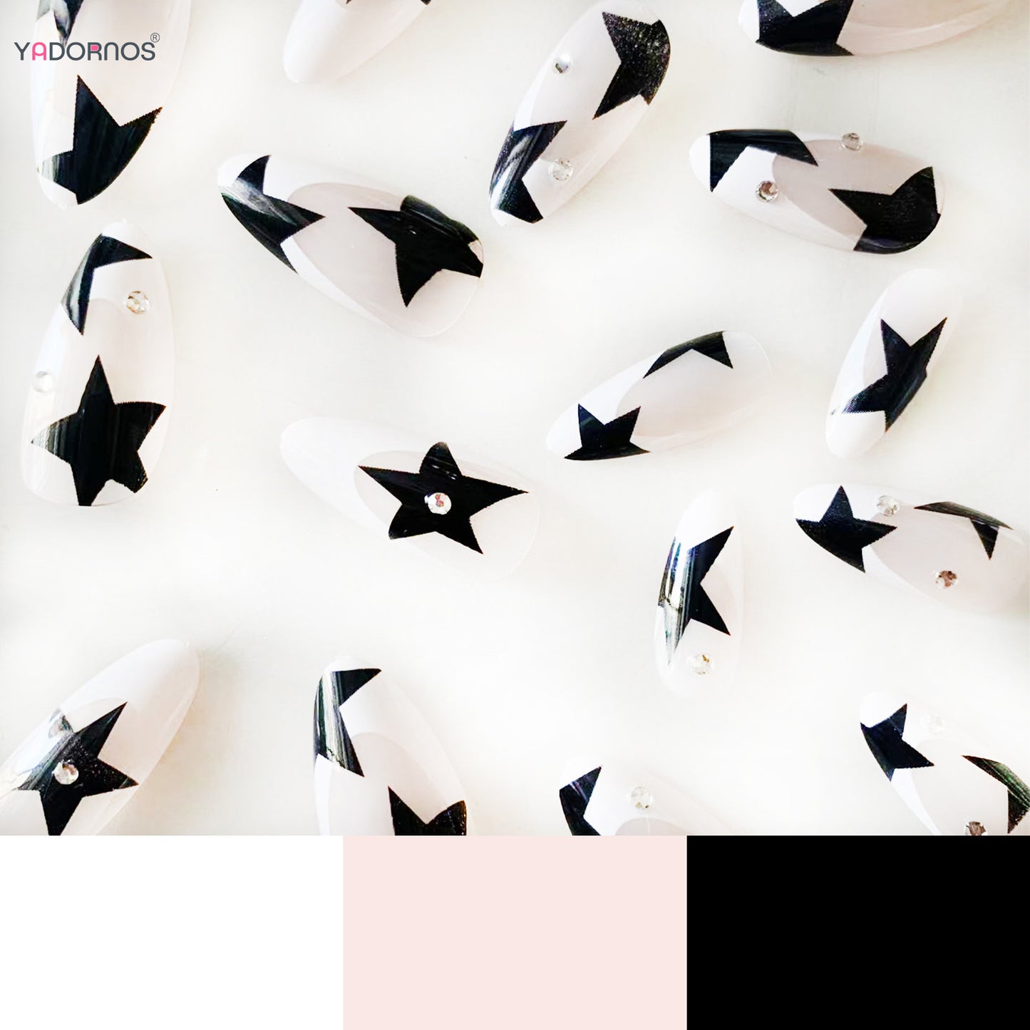 French White Tips Almond False Nails Y2K Black Star Designs Charm Fake Nail Full Cover Ballet Press on Nails Artificial Manicure