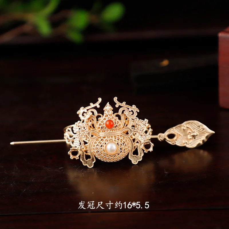 Chinese Hairpins Clips Retro Ponytail Bun Hair Holder Gold Silver Color Metal Pearls Crown Tiara for Women Men Long Hair Jewelry