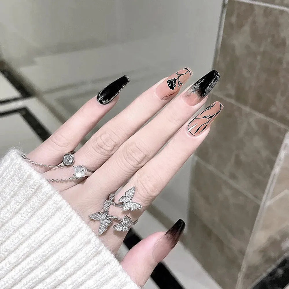 24PCS/Box 2022New Artificial Nails With Glue Milky White Pink Gradients Long Ballet Full Cover Acrylic Nail Stick Fake Nail Tips