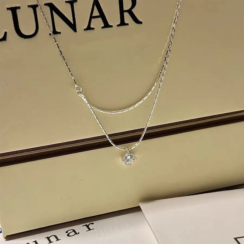 925 Sterling Silver Four Claw Zircon Pendant Necklace For Women Exquisite Double Layered Collarbone Chain Elegant Jewelry