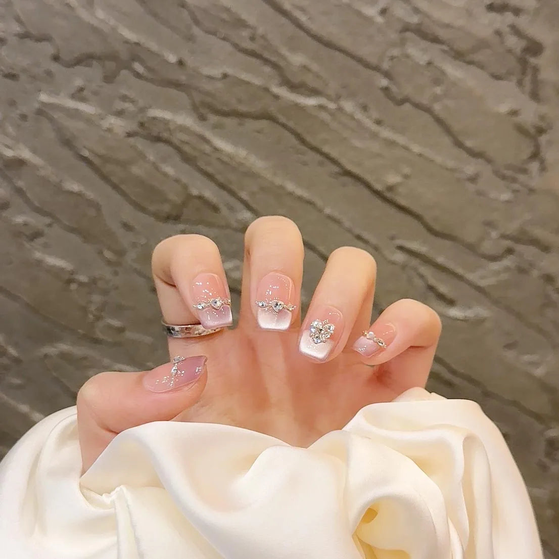 10pcs Cat Eye Handmade Press On Nails with Rhinestone Design False Nails Full Cover French Ballerina Wearable Artificial Nails