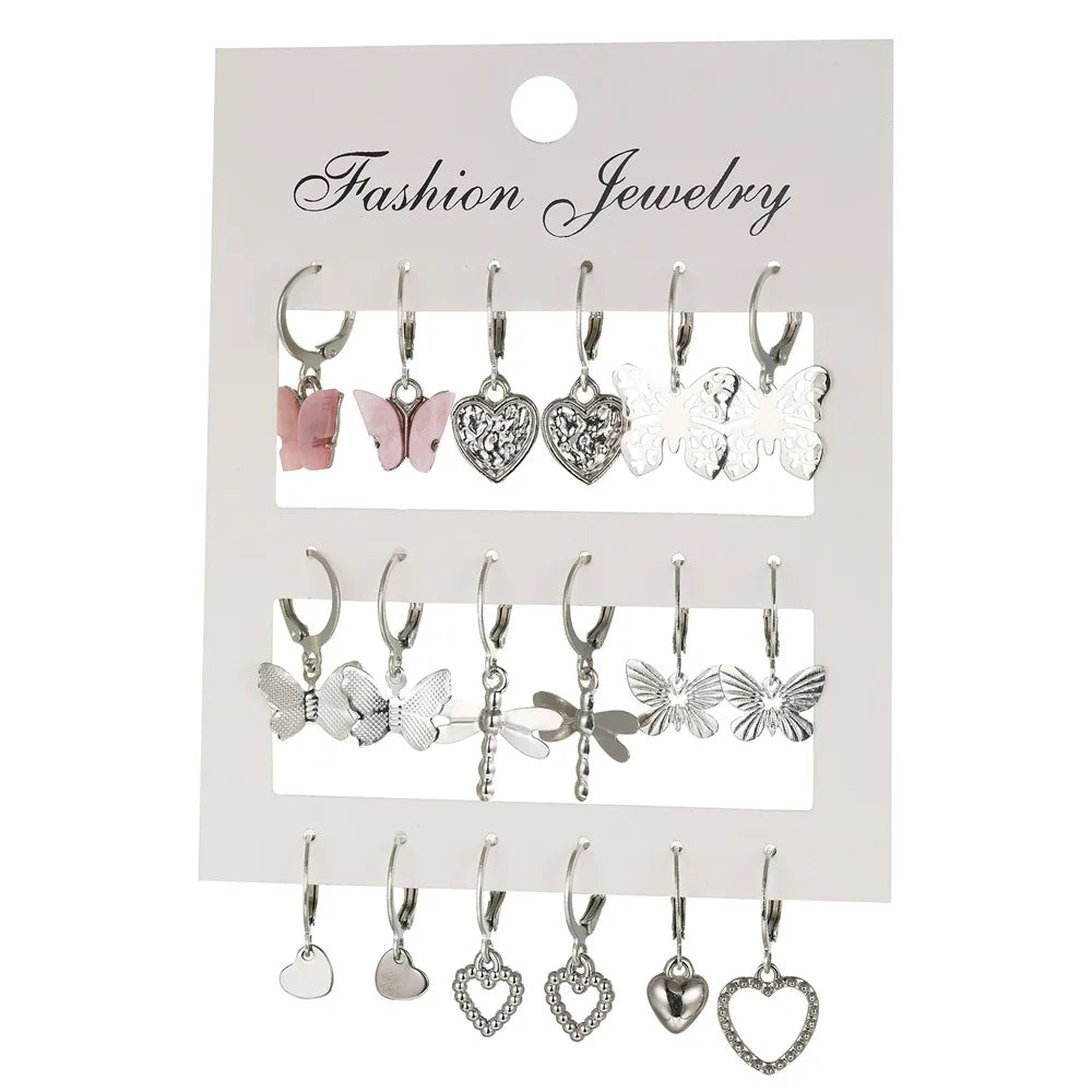 9 Pairs Gold Color Silver Color Metal Hollow Heart Butterfly Drop Earrings Set for Women Acrylic Dangle Earring Jewelry Gift