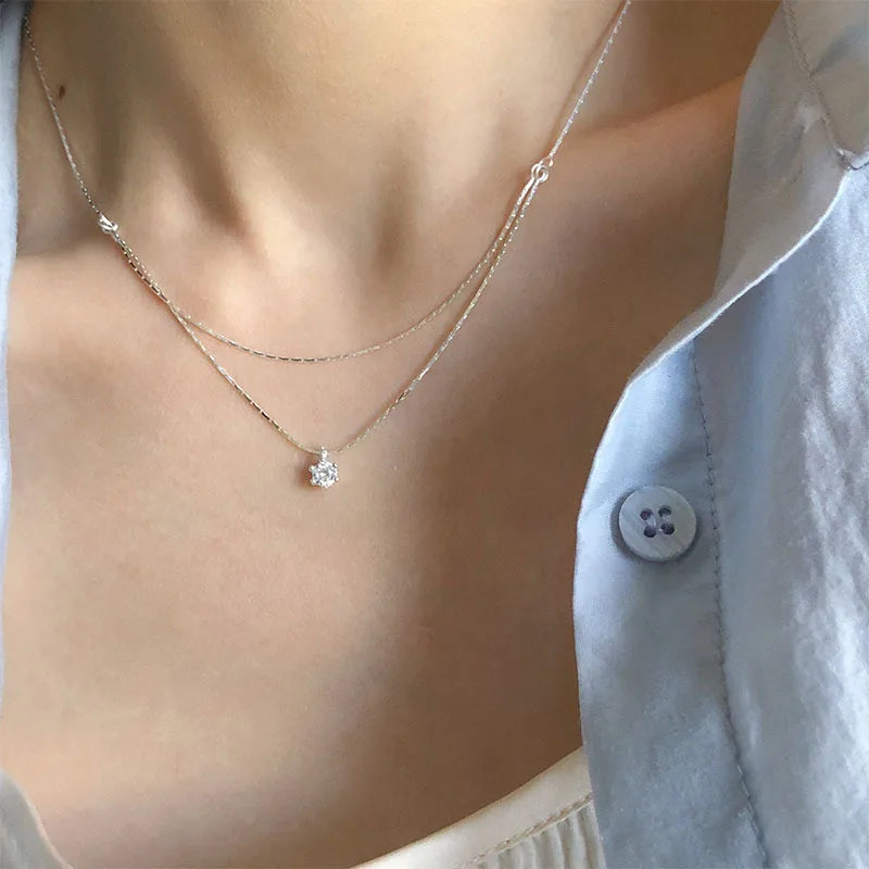925 Sterling Silver Four Claw Zircon Pendant Necklace For Women Exquisite Double Layered Collarbone Chain Elegant Jewelry