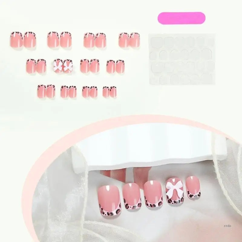 Lovely Bows Artificial False Nails Full Cover Stick on Nails Press On Nails Leopard French Tip False Nails for Party