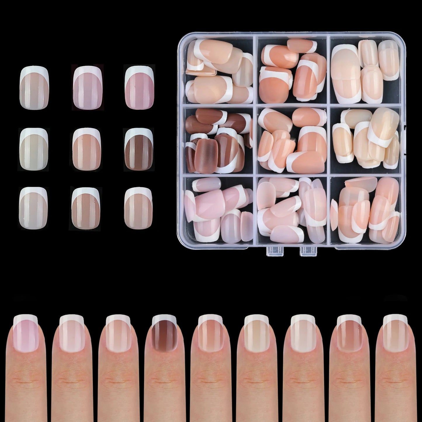 9 Palace lattice Almond Blend French Fake nails Simple Oval nude powder full cover press nails white edge Artificial removable