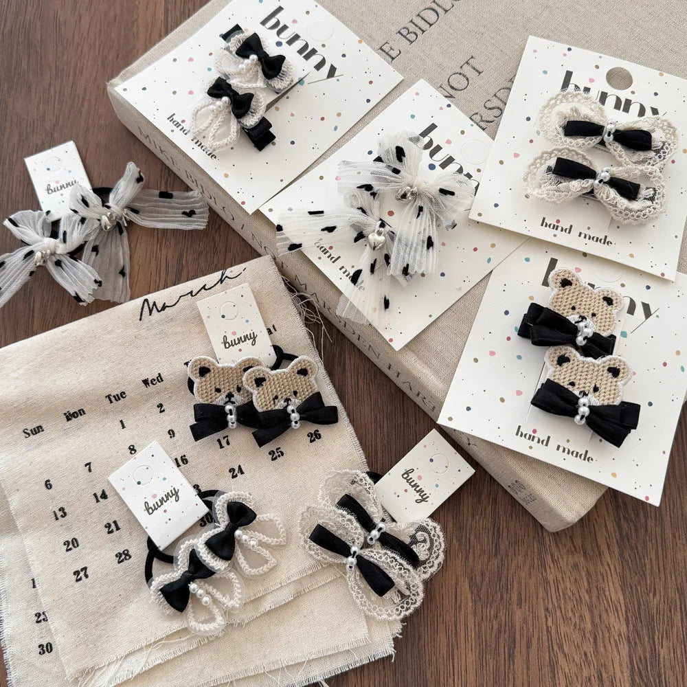 Cartoon Bear Cute Hairpins Baby Girl Black White Lace Barrettes Hair Clips Kawaii Bow Pearl Hair Clips for Kids Hair Accessories