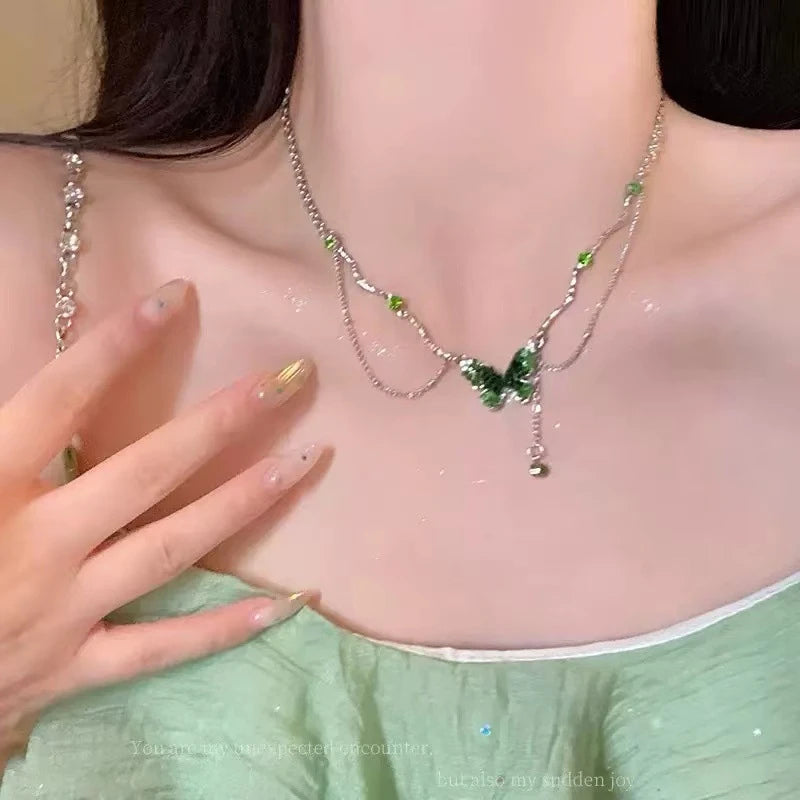 Y2K Kpop Green Zircon Butterfly Tassel Necklace for Women Korean Sweet Crystal Butterfly Metal Chain Choker Fairy Girls Jewelry