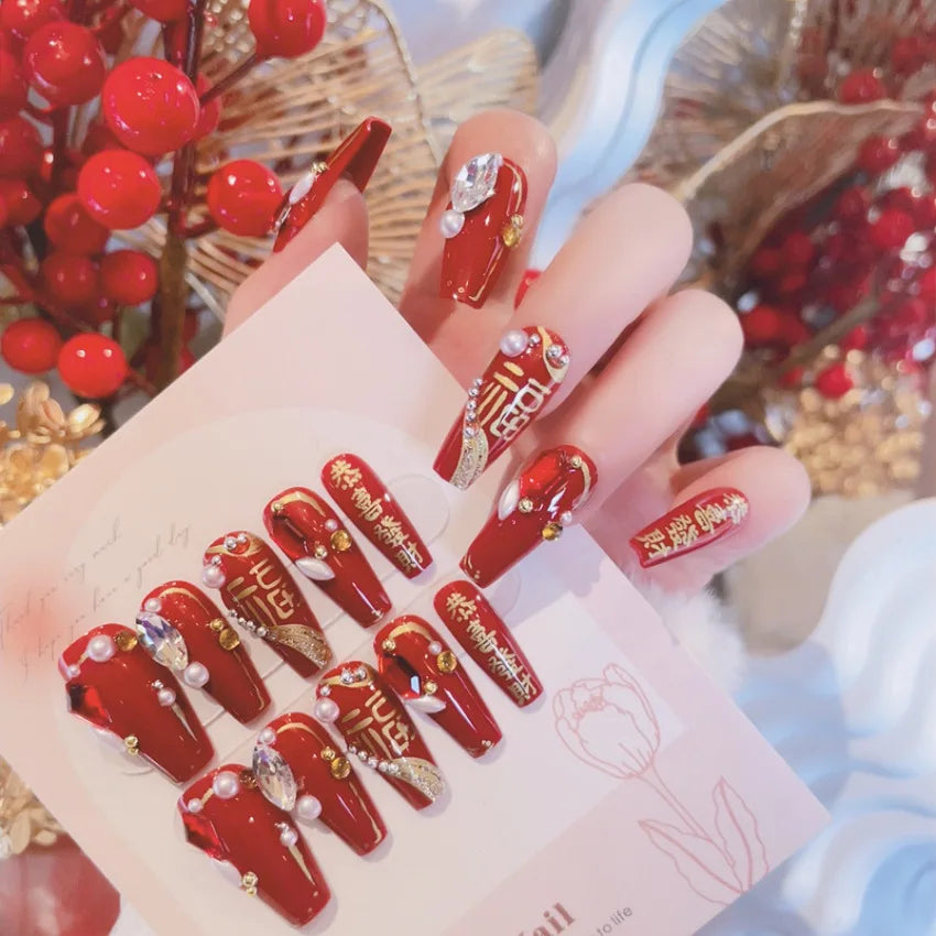 Red Fake Nails Press on Chinese Spring Festival False Nails Tips Square Long Ballerina Artificial Fingernail for Women Party Use
