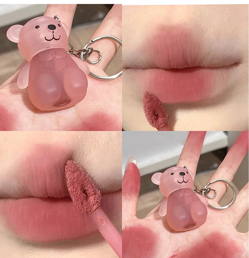 Cute Bear Keychain Velvet Mist Lip Glaze Waterproof Lasting Matte Lipstick Orange Lips Tint Women Dupes Korean Makeup Cosmetic
