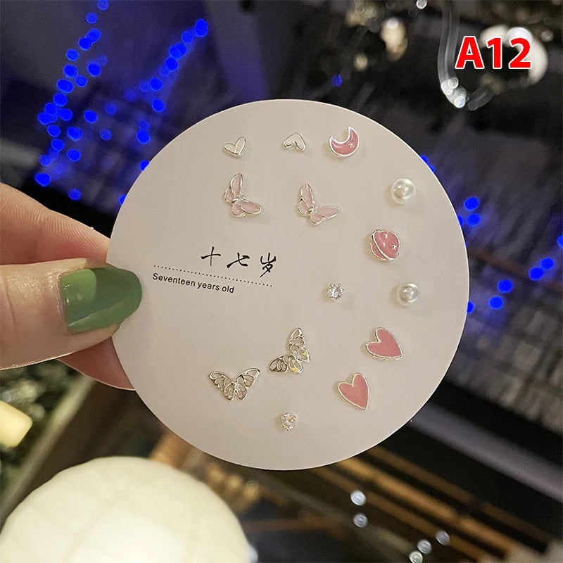 7pair Korean Fashion Small Geometric Female Earrings Set Multiple Pairs of Butterfly Cute Stud Earrings Jewelry