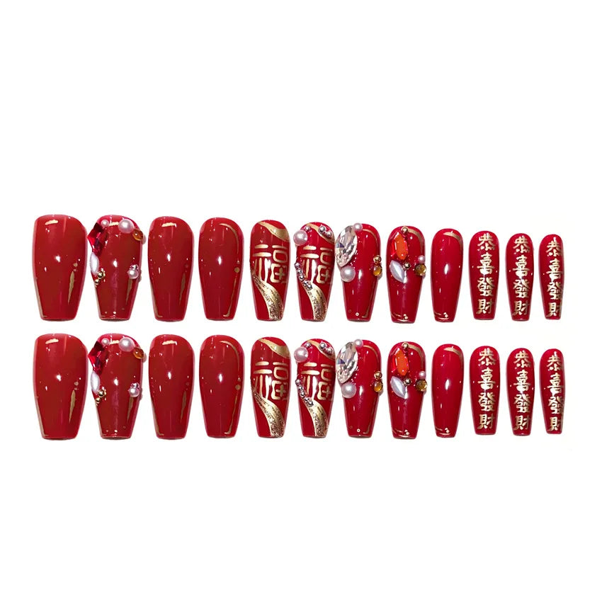 Red Fake Nails Press on Chinese Spring Festival False Nails Tips Square Long Ballerina Artificial Fingernail for Women Party Use