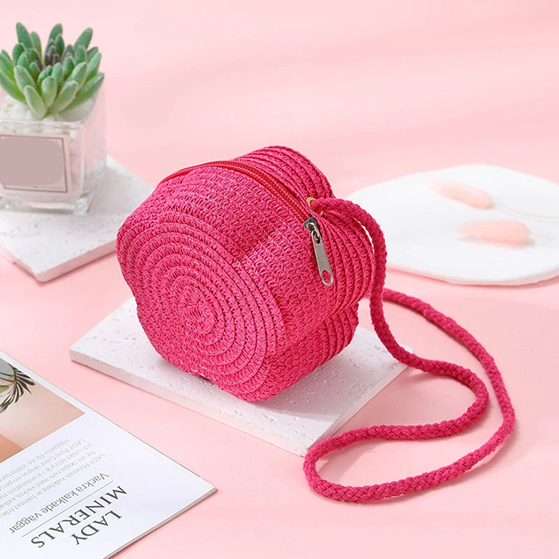 Handmade Kids Girls Shoulder Bag Flower Straw Baby Bags Messenger Bag Children Keys Coin Purse Cute Princess Mini Handbag