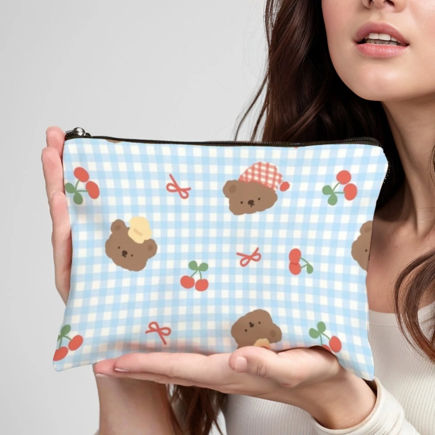 Girly Bear & Cherry Makeup Pouch with Blue Gingham Pattern Print  Cute Organizer for Lip Gloss & Small Beauty Items Ideal Gift