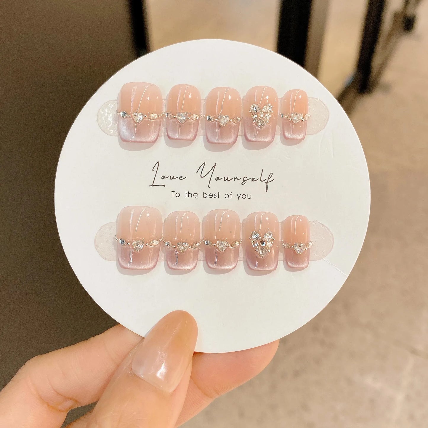 10pcs Cat Eye Handmade Press On Nails with Rhinestone Design False Nails Full Cover French Ballerina Wearable Artificial Nails