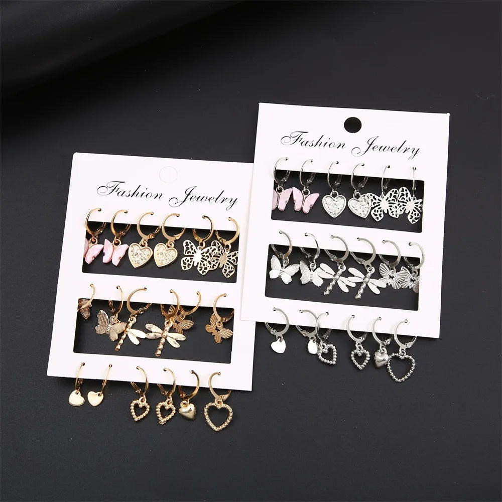 9 Pairs Gold Color Silver Color Metal Hollow Heart Butterfly Drop Earrings Set for Women Acrylic Dangle Earring Jewelry Gift