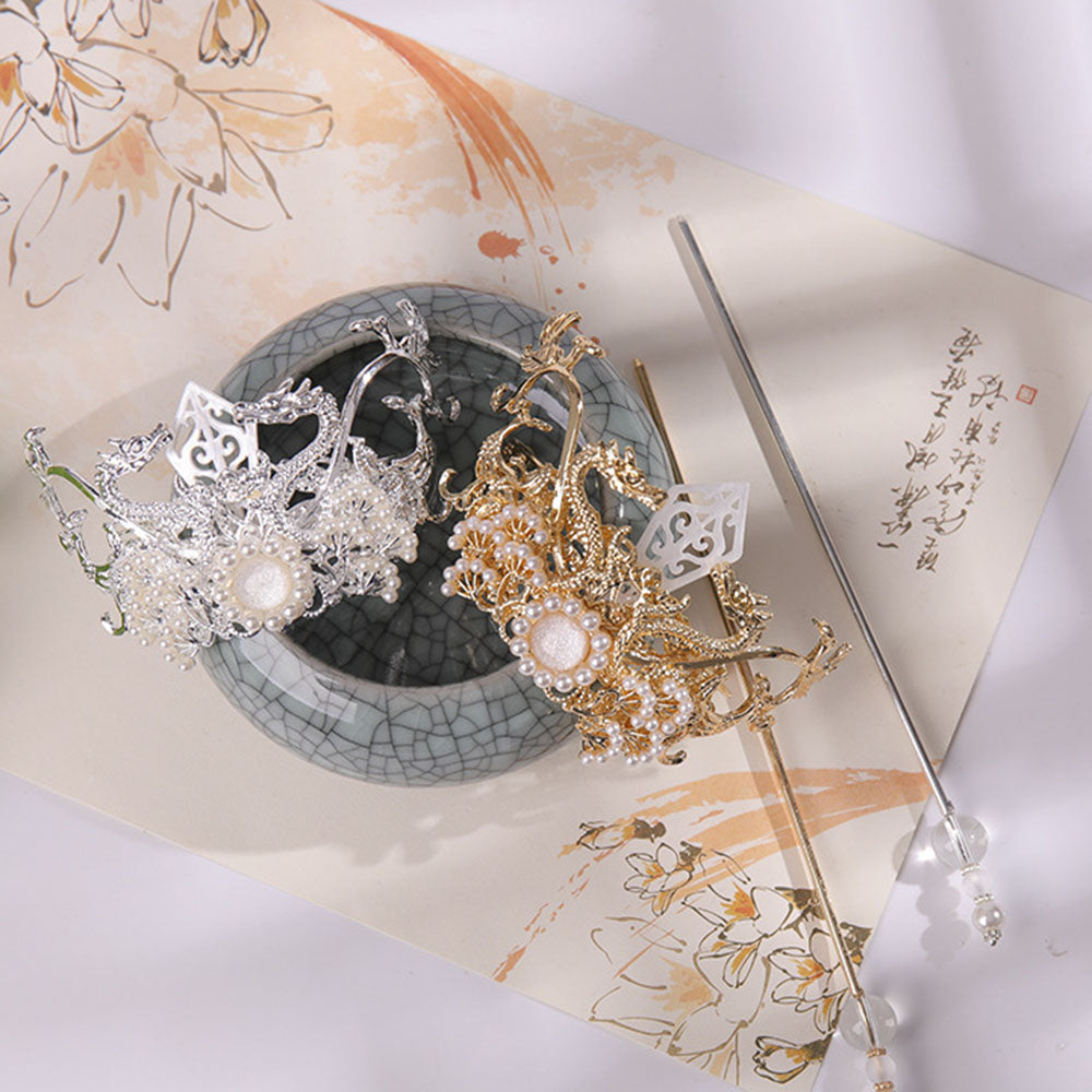 Chinese Hairpins Clips Retro Ponytail Bun Hair Holder Gold Silver Color Metal Pearls Crown Tiara for Women Men Long Hair Jewelry